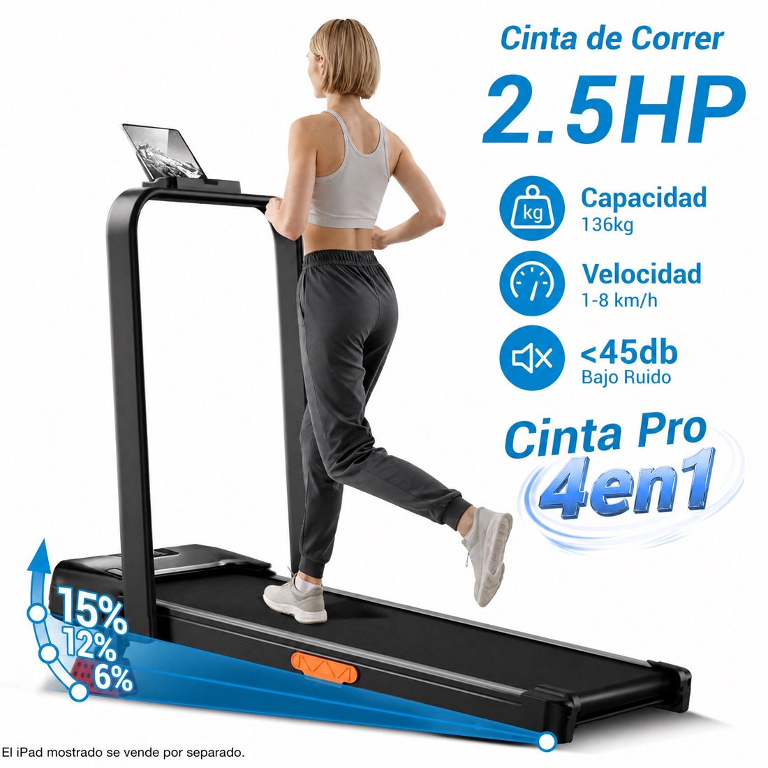 Cinta de correr compacta 4 en 1, motor 2,5 HP, capacidad 136 kg